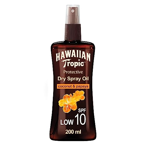 Hawaiian Tropic Protective Dry Spray Oil - Aceite Seco Bronceador con Protección Baja SPF 10 , Fragancia de Coco y Papaya , 200 ml, 1 ud.